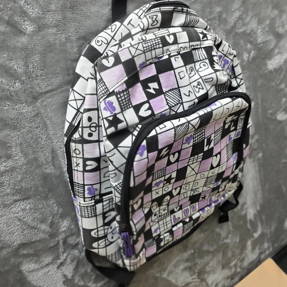 Women's Purple White Black‎ Checkered Lightweight Casual Backpack for Hiking